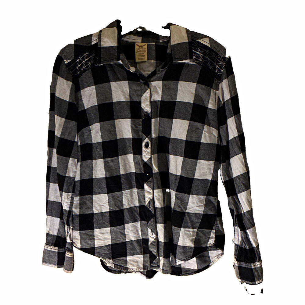 Faded Glory Boys S Black/White Plaid 100% Cotton Long Sleeve Button-Up Shirt